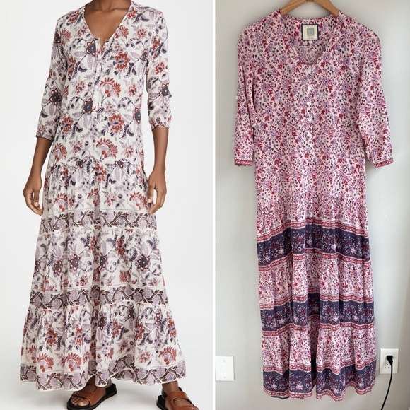 Alicia Bell Veronica 3/4 Sleeve Button Front Maxi Dress Caftan Purple Red Floral - Picture 1 of 9